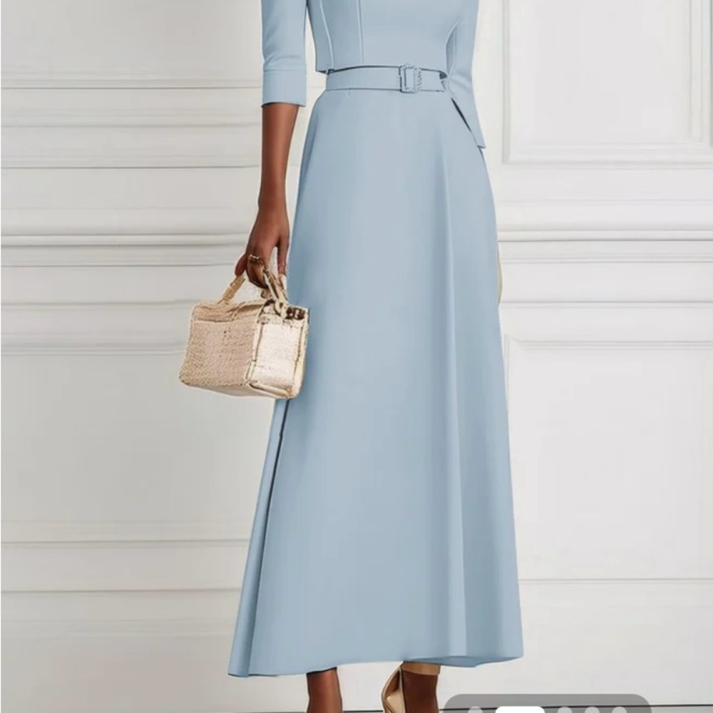 Elegant Light Blue Belted Dress